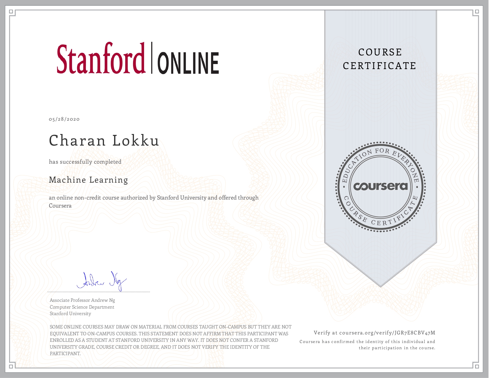Machine Learning Certificate From Mathworks Charan Lokku - Portfolio